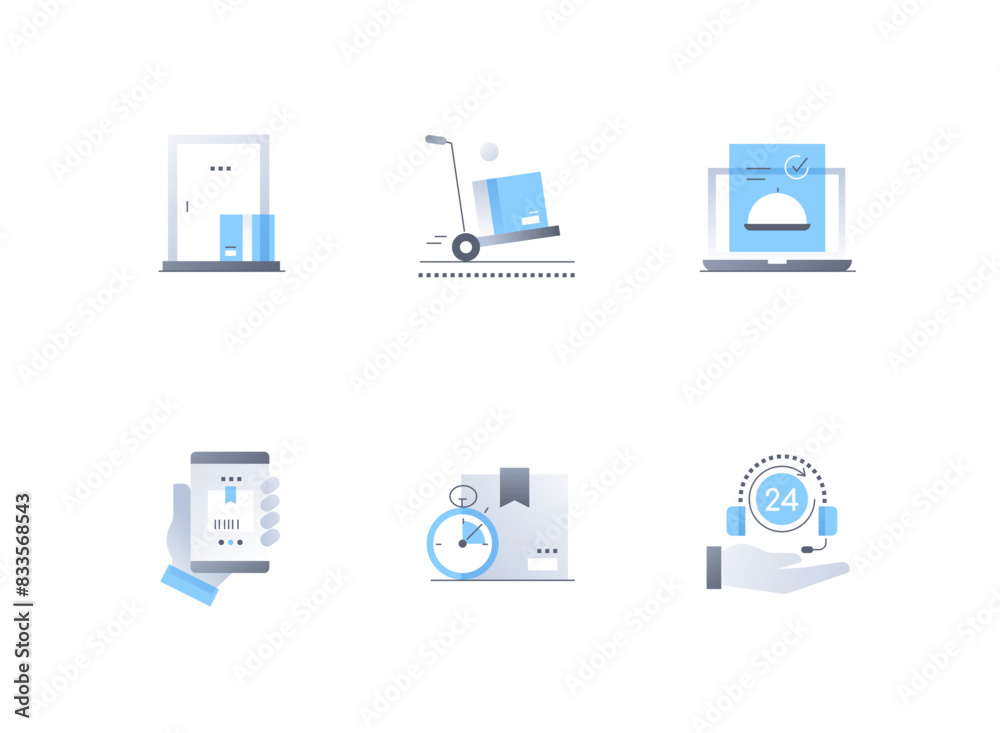 Delivery and ordering of goods - flat design style icons set. High quality colorful images of box at the door, cart for quick transport, online ordering, barcode, stopwatch and 24-7 support idea Delivery and ordering of goods - flat design style icons set. High quality colorful images of box at the door, cart for quick transport, online ordering, barcode, stopwatch and 24-7 support idea