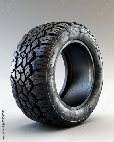 The image shows a black all-season tire with a rugged tread pattern, suitable for use on SUVs and light trucks. photo