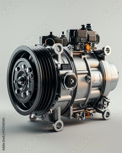 The image shows a car air conditioning compressor. It is a device that compresses refrigerant to create cool air in a car. photo