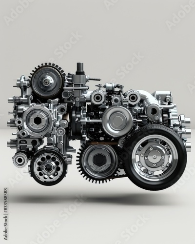 The image shows a car engine with the safety ratings disabled. The engine is made of metal and has many gears and wheels. photo