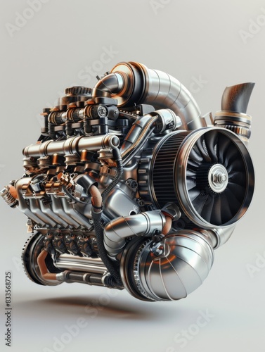 The image shows a highly detailed 3D rendering of a V8 engine with a complex system of gears, belts, and pulleys.