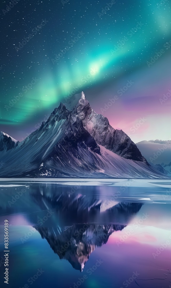 Naklejka premium beautiful northern snowy mountain with aurora borealis at night, north pole nature at winter