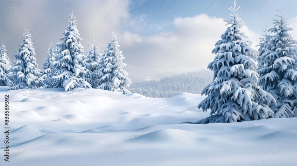 Fototapeta premium Winter Snowy Landscape with Pine Trees and Soft Snowdrifts