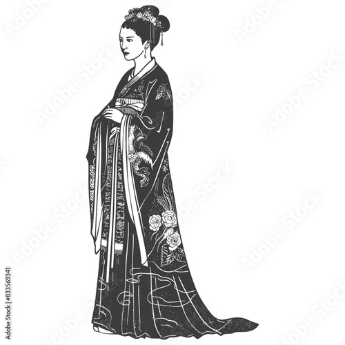 Monochrome Hanfu Maiden: Elegant Chinese Attire Illustration.