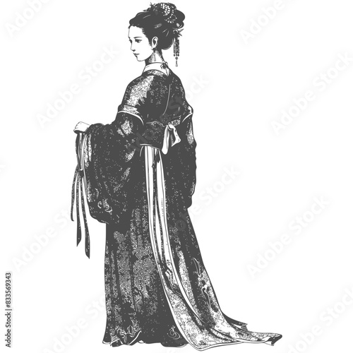 Hanfu Elegance: Grayscale Portrait of Woman in Traditional Chinese Dress