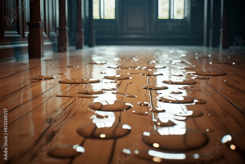Gleaming water puddles glisten on a polished wooden floor, illuminated by natural light