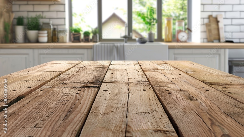 Rustic Wooden Table in Cozy Kitchen with Sunlight and Greenery
