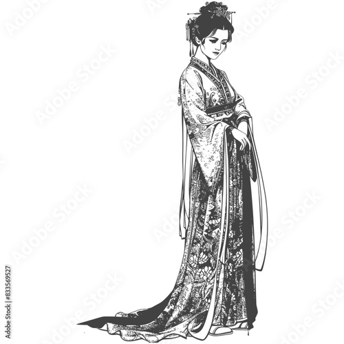 Pensive Hanfu Maiden: Traditional Chinese Dress, Line Art Elegance, Isolated.