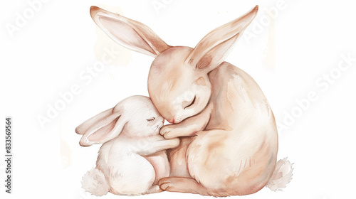 Mother rabbit and baby are hugging each other, cute animal family watercolor illustration