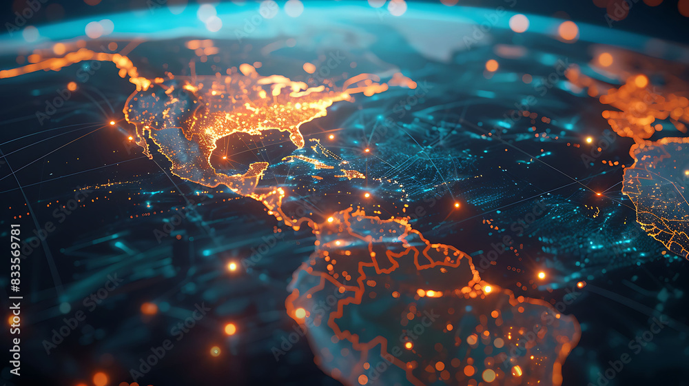 Naklejka premium High-tech world map visualization illustrating global network connectivity with glowing lines and illuminated points of interest