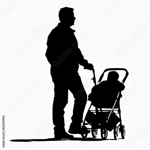 vector silhouette of a man with a baby stroller on a white background .Generative AI