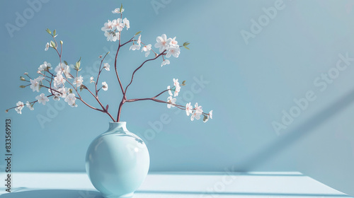Vase with cherry blossom on blue background. photo