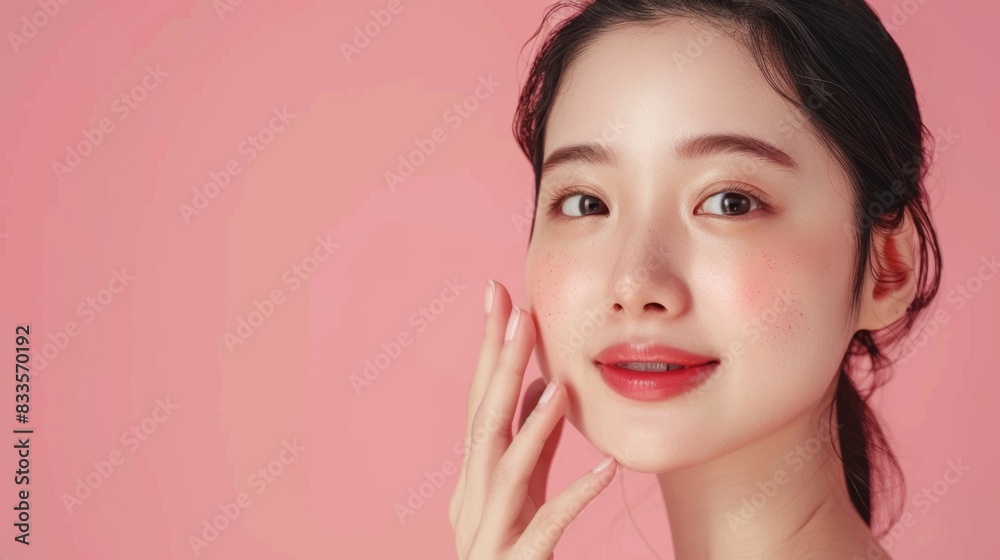 Obraz premium Smiling Young Woman with Clear Skin on Peach Background