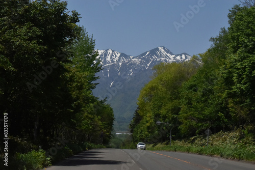 The mountain driveway with the beautiful Mount Furano on the background in Furano city Hokkaido Japan