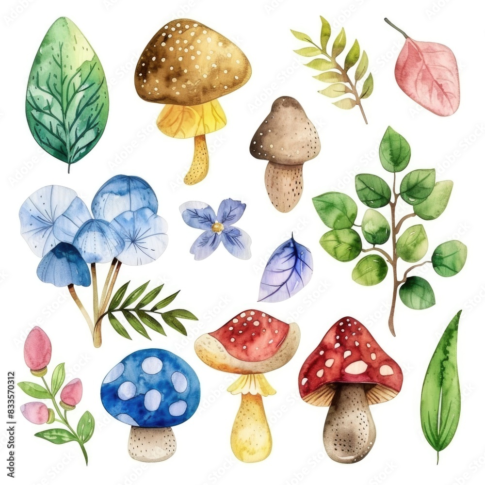 Watercolor Botanical Illustrations of Mushrooms and Leaves Watercolor Botanical Illustrations of Mushrooms and Leaves