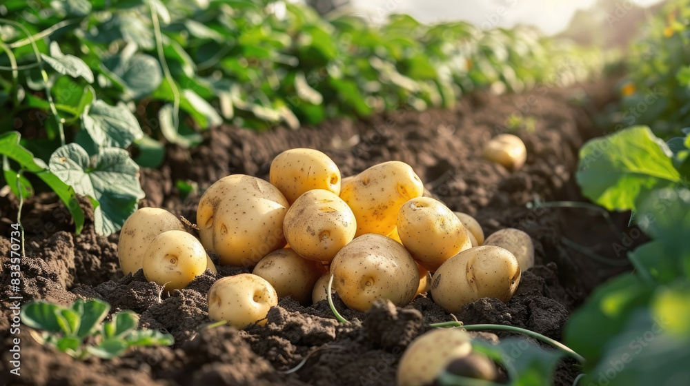 fresh organic potatoes in the field, harvesting potatoes from soil fresh organic potatoes in the field, harvesting potatoes from soil