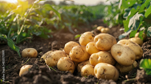 fresh organic potatoes in the field  harvesting potatoes from soil