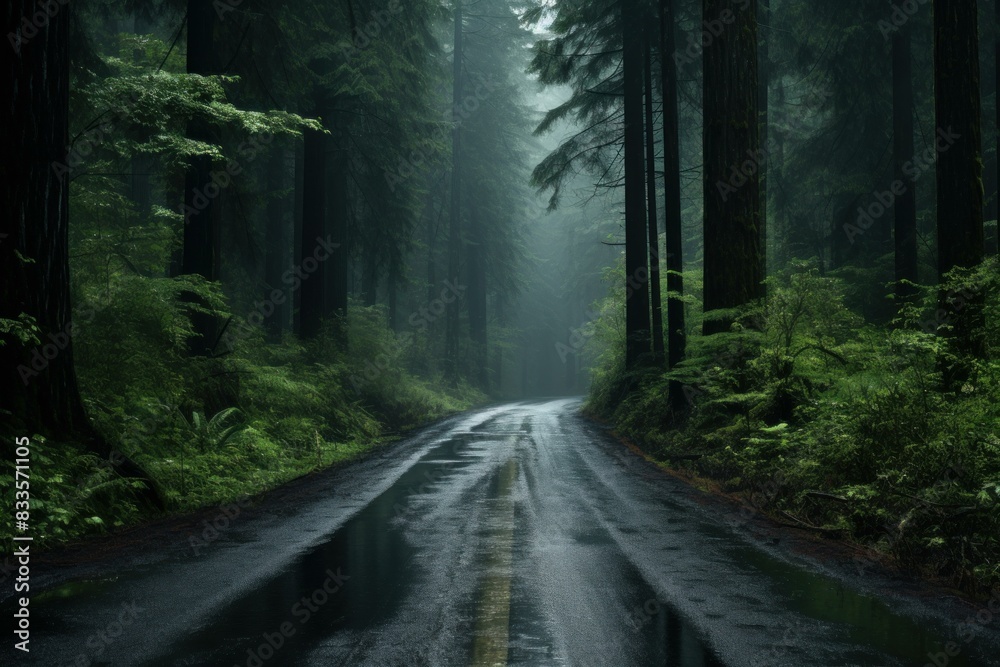 Fototapeta premium Captivating image showcasing a wet road meandering through a misty, dense forest