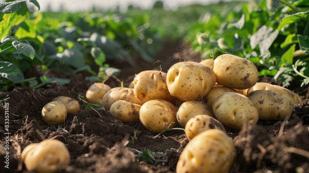 fresh organic potatoes in the field, harvesting potatoes from soil fresh organic potatoes in the field, harvesting potatoes from soil