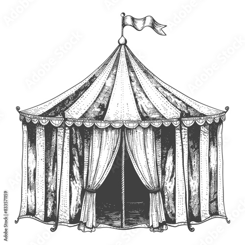 Vintage Circus Tent Sketch: Striped Canvas, Drape Entrance, Pennant Topper, Detailed Illustration.