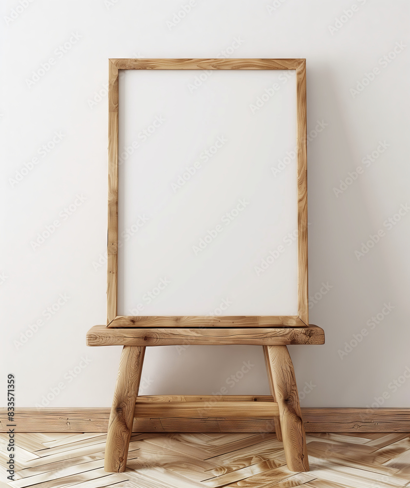 Empty Wooden Frame on Rustic Bench. Empty wooden frame on a rustic bench in a minimalistic room with wooden flooring and white walls, ready for artwork. Empty Wooden Frame on Rustic Bench. Empty wooden frame on a rustic bench in a minimalistic room with wooden flooring and white walls, ready for artwork.