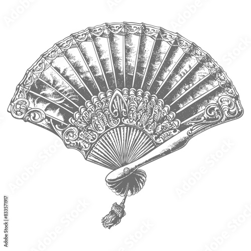 Ornate Engraved Hand Fan: Intricate Details, Victorian Era Style.