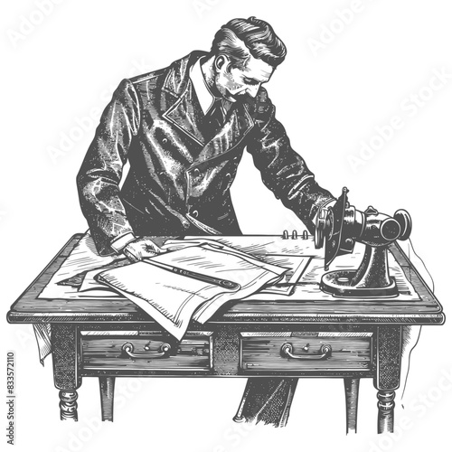 Vintage Inventor: Man at Desk with Drafting Tools, Engraving Style