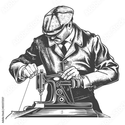 Vintage Engraving: Tailor at Sewing Machine, Cap & Suit Detail.