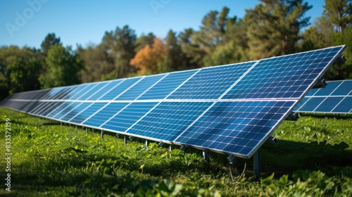 A field of solar panels is seen in the middle of a lush green field. The solar panels are angled to face the sun and are surrounded by green grass. 