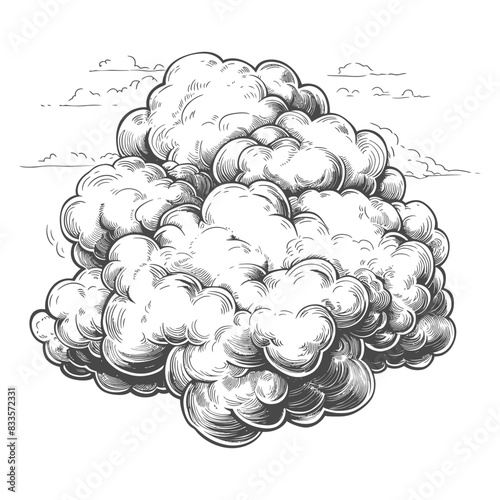 Detailed Cumulus Cloud, Hand-Drawn Sketch, Etched Lines, Weather Icon, White.