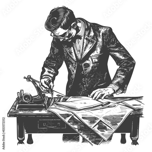 Etched Editor: Focused Man with Loupe Inspecting Newsprint at Desk.