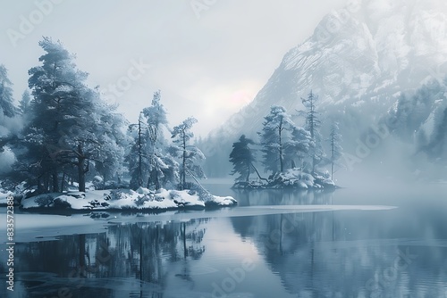 Frosty winter landscapes with snow-covered trees and frozen lakes, surrounded by misty mountains in the distance.