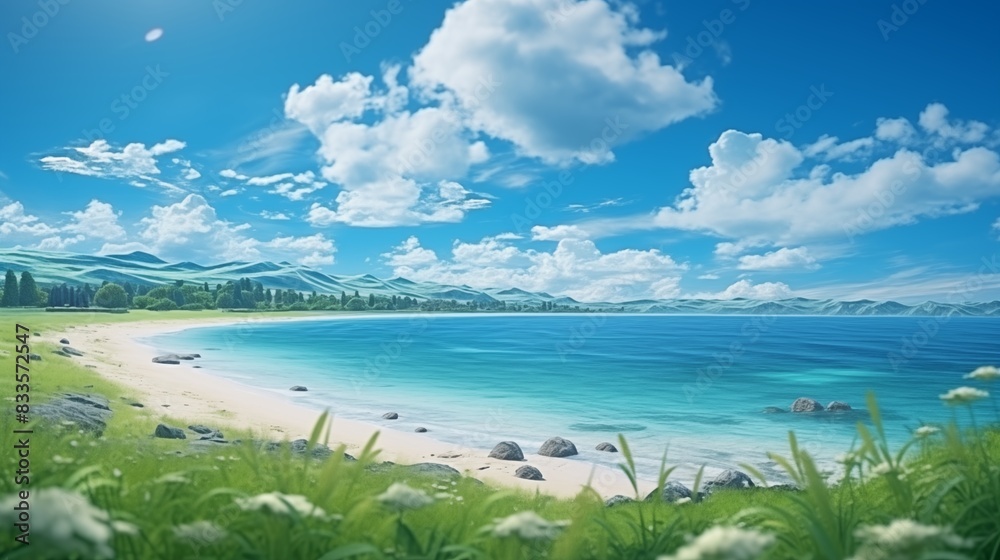 Beautiful Coastal Landscape with a Sandy Beach, Blue Sky, and Rolling Hills Beautiful Coastal Landscape with a Sandy Beach, Blue Sky, and Rolling Hills