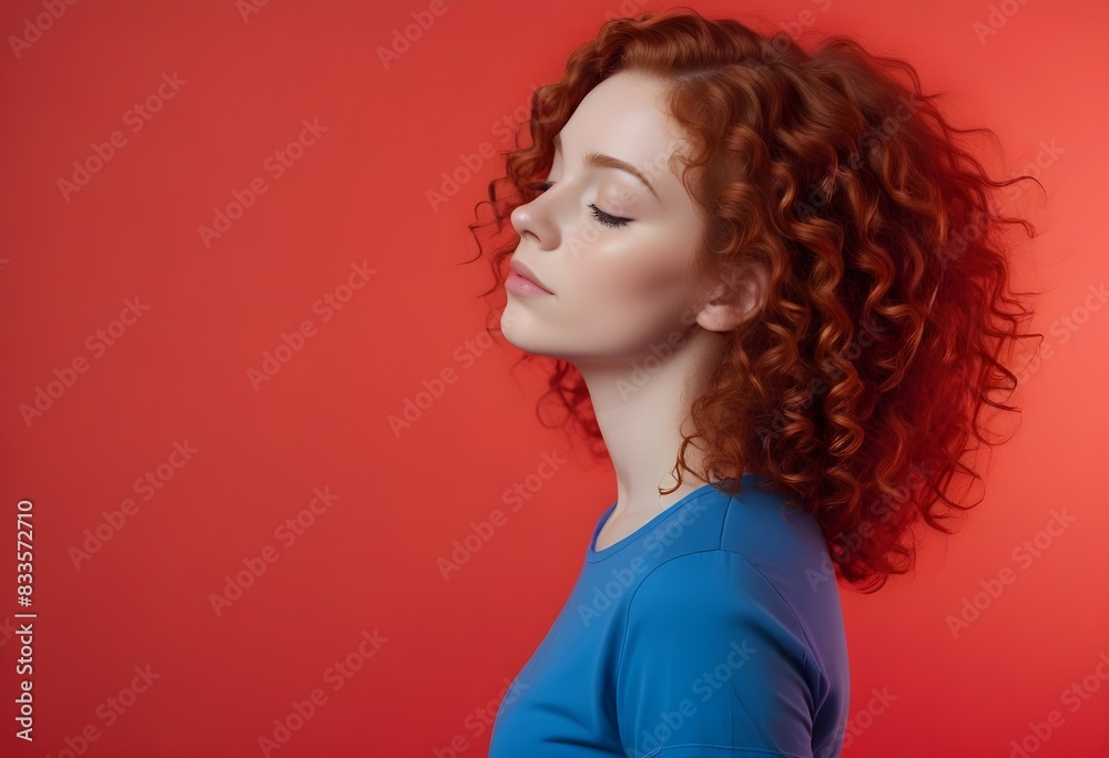 Modella occhi chiusi capelli rossi, sfondo studio rosso Modella occhi chiusi capelli rossi, sfondo studio rosso