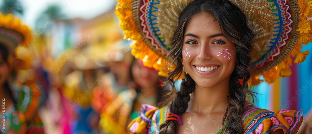 Woman in Colorful Dress and Straw Hat Woman in Colorful Dress and Straw Hat