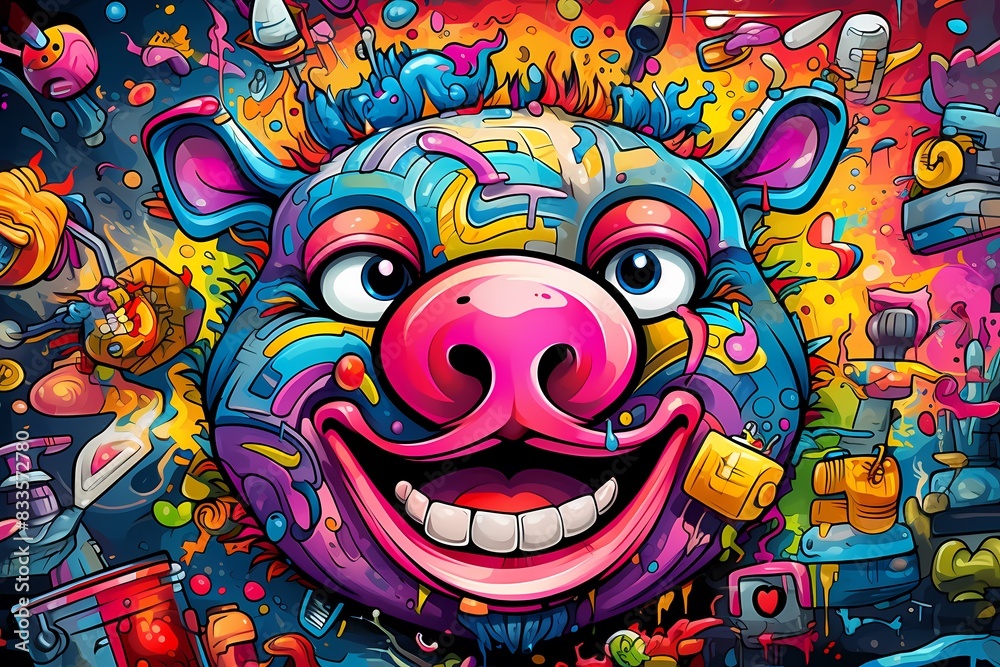doodle background design, graffiti art pig  
 colorful