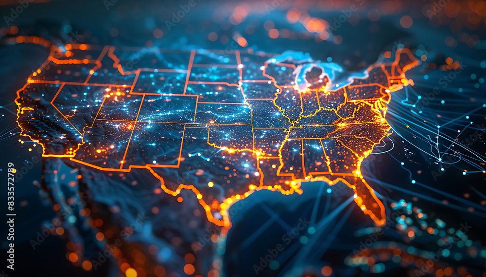 High-speed digital map of the United States with vibrant data lines illustrating intense connectivity High-speed digital map of the United States with vibrant data lines illustrating intense connectivity