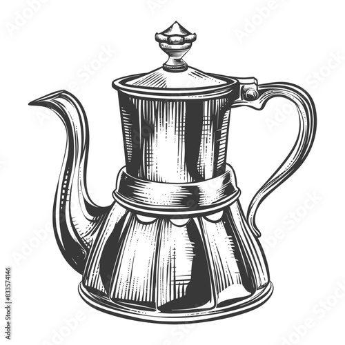 Vintage Engraved Moka Pot: Ornate Italian Coffee Maker Illustration.