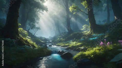 a forest with a river and the sun shining through the trees