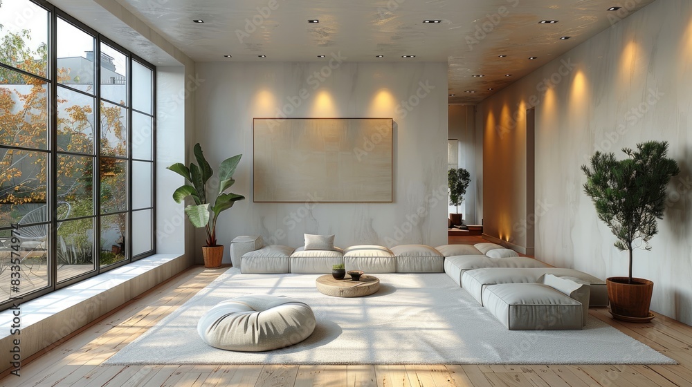 A modern living room with a large window, a gray sofa, and a white coffee table. A modern living room with a large window, a gray sofa, and a white coffee table.