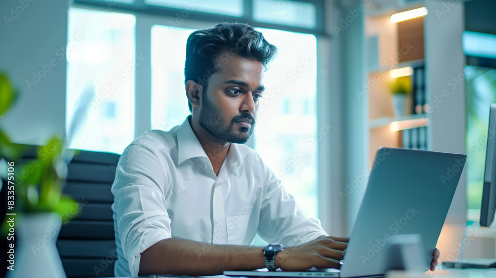South Indian corporate man sitting at a desk, doing job on laptop South Indian corporate man sitting at a desk, doing job on laptop