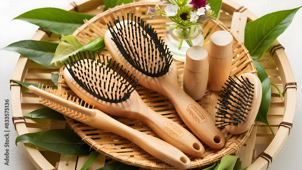 custom made wallpaper toronto digitalEco-Friendly Beauty Display,Wooden Hairbrushes and Natural Products on Bamboo Tray for Sustainable Elegance, Green Living, Natural Beauty, Eco-Chic, Sustainable Design