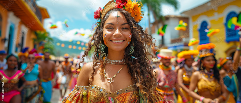 Woman in Colorful Dress Standing in Front of Group Woman in Colorful Dress Standing in Front of Group