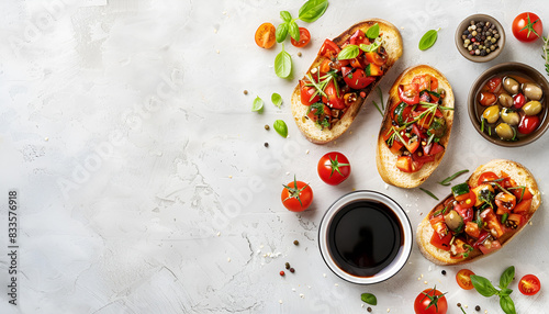Wallpaper Mural Delicious bruschettas with balsamic vinegar and toppings on light textured table, flat lay Torontodigital.ca