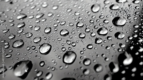 Black and white water drops on a shiny surface. The water drops are various sizes and are scattered across the entire surface.