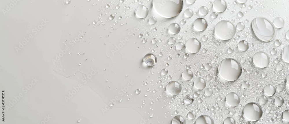 Close up of water drops on a white surface, reflecting light. High resolution photography. Close up of water drops on a white surface, reflecting light. High resolution photography.