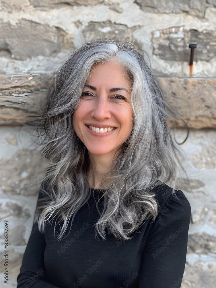 Smiling woman with gray hair in front of wall Smiling woman with gray hair in front of wall