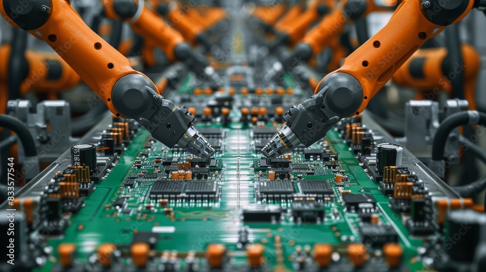 Production of modern boards on an automated line at the factory. Installing components on a printed circuit board. Production of electronic devices