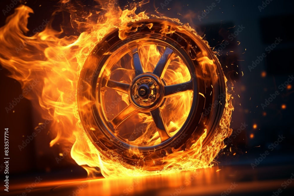 A burning car wheel engulfed in flames and sparks, depicting speed or mechanical failure