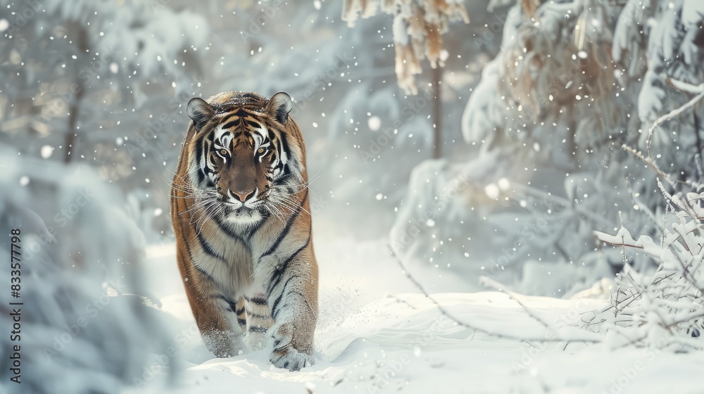 Obraz premium Siberian tiger walking through a snowy forest in winter. Red Book animal